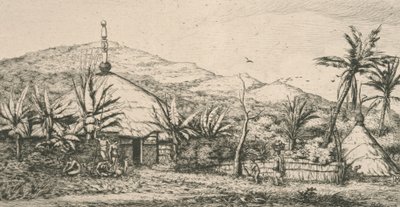 Nouvelle-Calédonie : grande case indigène sur le chemin de balade à Poepo, illustration de "Gravure du Pacifique...", 1863 - Charles Meryon