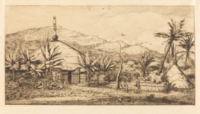 Nouvelle-Calédonie : Grande case indigène sur le chemin de Balade à Poepo, 1845 - Charles Meryon