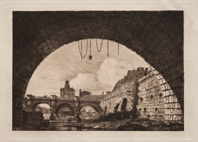 Le Nouveau Pont et la Samaritaine vus sous la première arche du Pont de la Bourse, Paris - Charles Meryon
