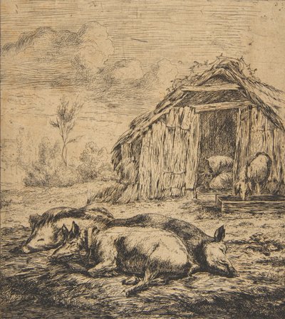 Trois cochons couchés devant une cabane, 1850 - Charles Meryon