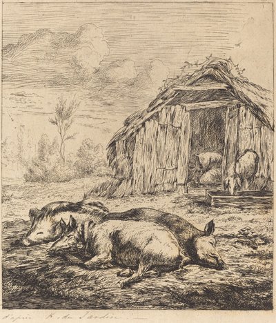 Les trois cochons couchés devant l
