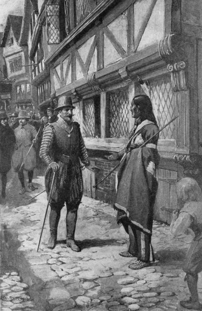 Le capitaine John Smith rencontre un ami indien rouge de Virginie en se promenant sur The Strand à Londres - Charles Mills (after) Sheldon