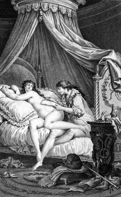 Illustration pour « Les Liaisons dangereuses » de Choderlos de Laclos. Gravure de Charles Monnet : Valmont écrivant une lettre sur le dos d