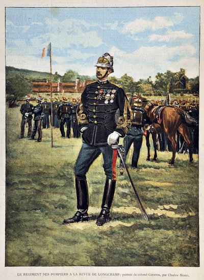 Le Régiment du Feu a le magazine Longchamps (Portrait du Colonel Couston), illustration par Charles Morel (1861-1908). Gravure de 1887 dans « Paris-Illustrous journal weekly » - Charles Morel
