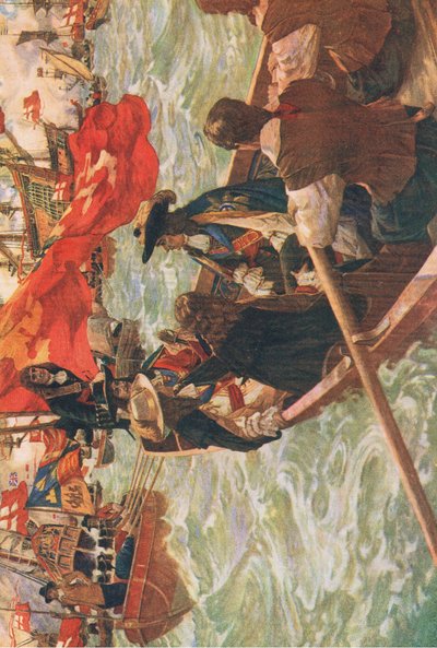 Arrivée de Charles II, illustration tirée de The History of the British People publié par Waverley, vers 1940 (lithographie en couleur) - Charles Murray Padday