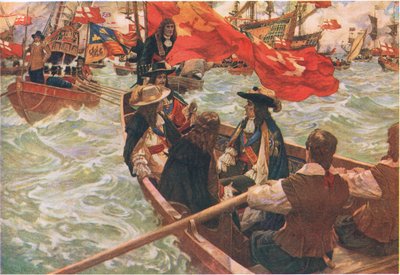 Homecoming of Charles II, extrait de Cassells History of the British People publié par la Waverley Book Company Limited, vers 1940 (lithographie en couleur) - Charles Murray Padday