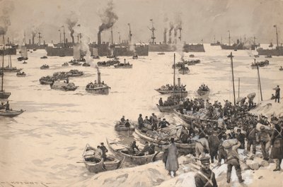 Les troupes japonaises débarquant en Corée en 1905. Dessin et lavis (30.1x45.6 cm) par Charles M. Padday ( ) , début du 20e siècle. - Charles Murray Padday