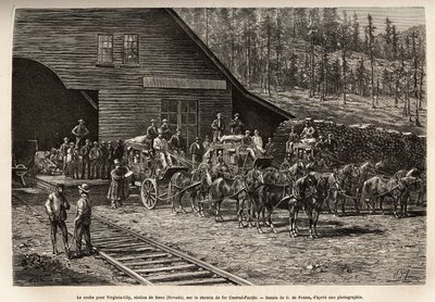 La gare de Reno, pour prendre le billet pour Virginia City (Nevada), sur le Central Pacific Railway, gravé d