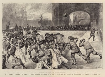 Un divertissement bon marché, des écoliers sur le Tower Bridge regardant un grand vapeur - Charles Paul Renouard