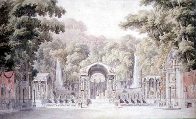 Conception pour un décor de scène avec un temple de Vénus dans un jardin boisé pour 