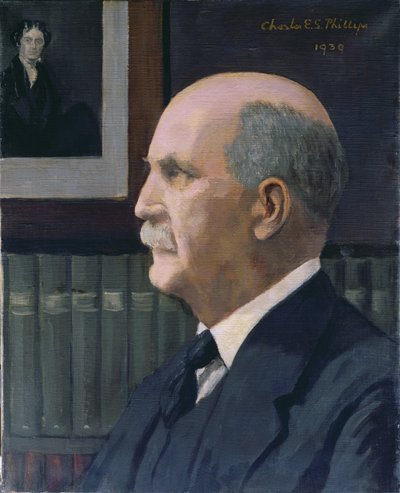 William Henry Bragg (1862-1942) avec une image de Michael Faraday (1791-1867) en arrière-plan, 1939 - Charles Phillips