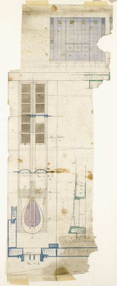 Conception pour une armoire, montrée en élévation, avec des détails de panneau décoratif à demi-grandeur, 1904 - Charles Rennie Mackintosh