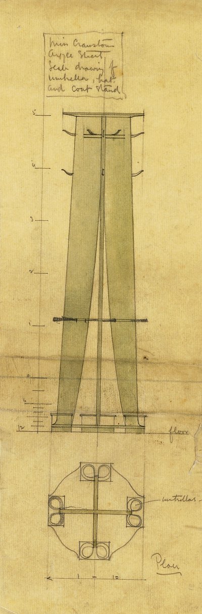 Conception pour un porte-parapluie, chapeau et manteau, montré en élévation et plan, vers 1898-1899 - Charles Rennie Mackintosh