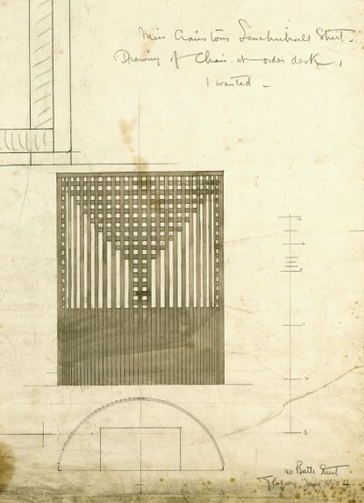 Conception pour le bureau de commande, montrée en élévation et en plan, 1904 - Charles Rennie Mackintosh