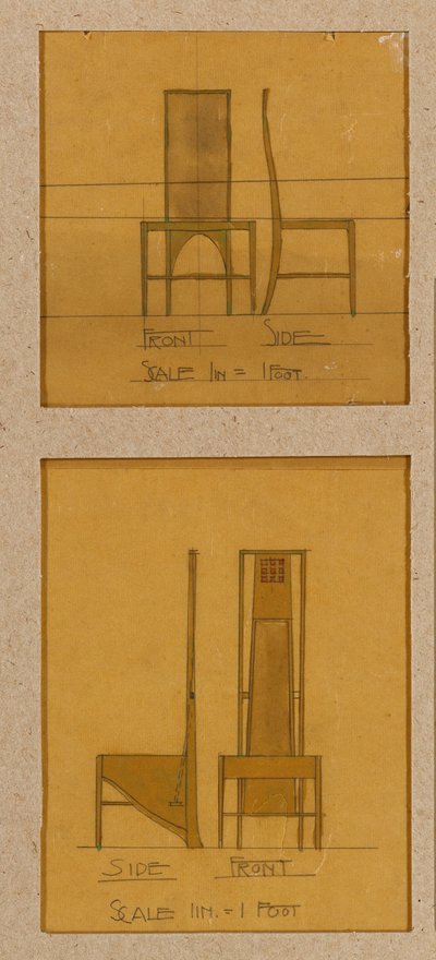 Dessins de chaises montrés en élévations frontale et latérale, pour la Room de Luxe, Willow Tea Rooms - Charles Rennie Mackintosh