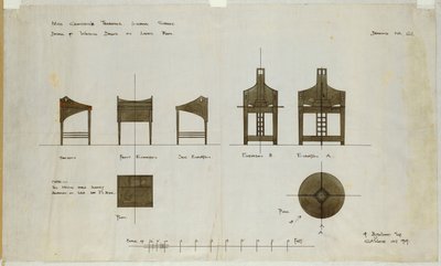 Conceptions pour des bureaux montrés en élévations frontale et latérale, pour les salons de thé Ingram Street, 1909 - Charles Rennie Mackintosh