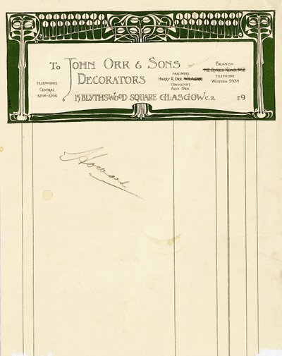 Conception de papeterie pour John Orr & Sons, Glasgow, vers 1894-1898 - Charles Rennie Mackintosh