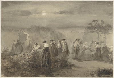 Groupe de dames et messieurs dans une cour éclairée par la lune avec des rosiers - Charles Rochussen