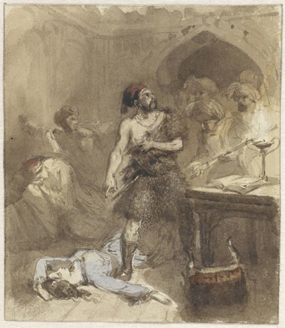 Homme et femme allongée sur le sol dans une pièce mauresque - Charles Rochussen