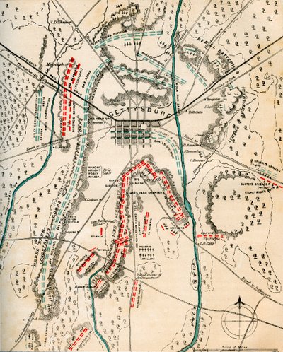 Carte de la bataille de Gettysburg, Pennsylvanie, 1-3 juillet 1863, 1862-1867 - Charles Sholl