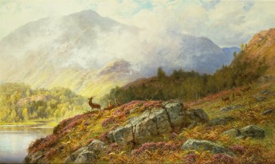 Cerfs dans un paysage des Highlands - Charles Stuart