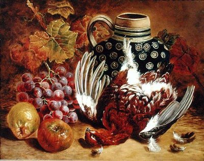 Nature morte de raisins, pommes, grouse morte et un pichet bleu - Charles Thomas Bale