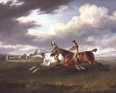 Deux chevaux de course avec jockeys, s