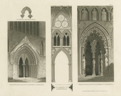 Cathédrale de Lichfield - Entrée Ouest, Entrée Nord et Nef (gravure aquatinte) - Charles Wild