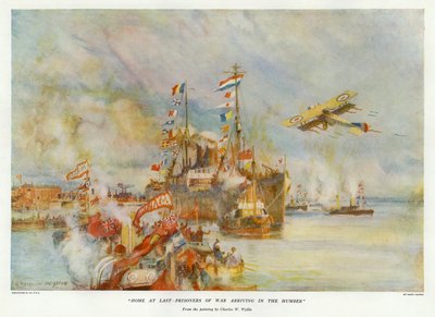 Enfin chez soi - Prisonniers de guerre arrivant dans le Humber (lithographie en couleur) - Charles William Wyllie