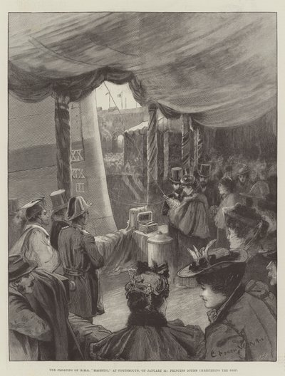 Le lancement du HMS Majestic à Portsmouth, le 31 janvier, la princesse Louise baptisant le navire - Charles William Wyllie