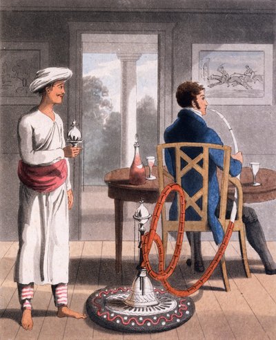 Un gentleman avec son porteur de pipe Hookah Burdah, 1813 - Charles d Oyly