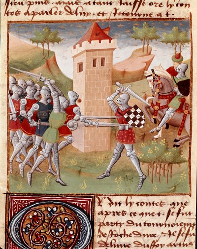 Lancelot du Lac combattant des chevaliers Miniature tirée de « Roman du Chevalier Tristan » par Maître Charles de Maine (version Beroul). 1440-1460. Chantilly, Musée Condé - Charles du Maine Master