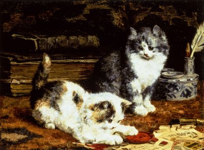 Deux chatons jouant sur un bureau - Charles van den Eycken