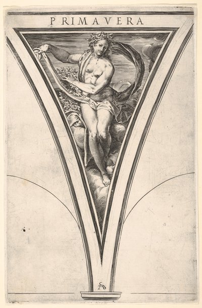 Printemps Primavera représentée comme une femme portant un drapé flottant et des guirlandes..., vers 1570-1615 - Cherubino Alberti
