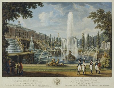 Vue de la grande cascade, fontaine de Samson et grand palais à Peterhof, début du XIXe siècle - Chessky