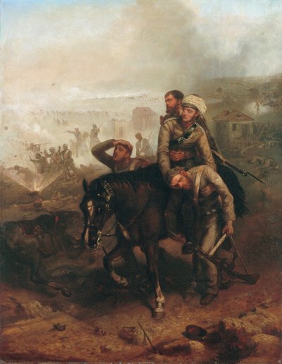 Le lieutenant William George Cubitt (1835-1903) gagnant la Croix de Victoria à Lucknow pendant la révolte indienne le 30 juin 1857, c.1860 - Chevalier Louis William Desanges