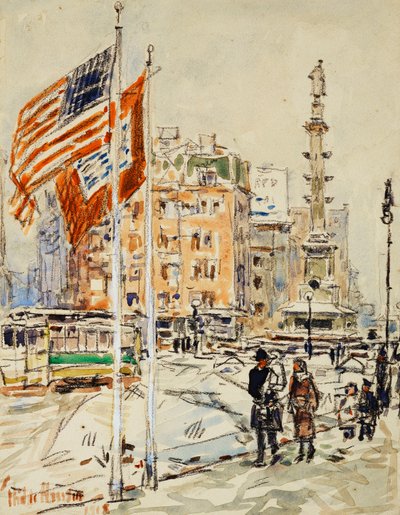 Drapeaux, Columbus Circle - Childe Frederick Hassam