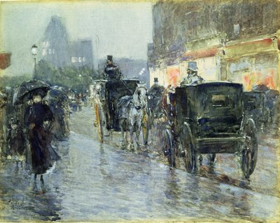 Fiacres à cheval le soir, New York, c.1890 - Childe Frederick Hassam