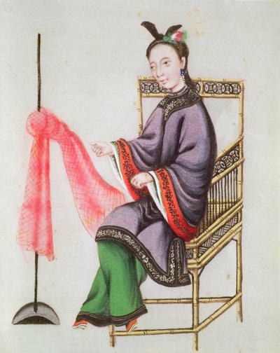 Une femme chinoise fabriquant un filet de pêche, période Qianlong (1736-96) - Chinese School