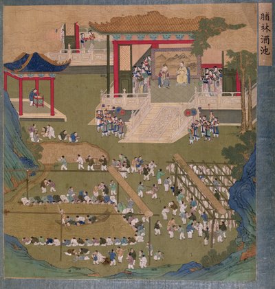Empereur et impératrice chinois anciens tenant cour devant des courtisans naviguant et buvant dans un étang de vin de riz et se servant de flancs de bacon - Chinese School