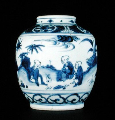 Pot bleu et blanc peint avec des garçons avec un lièvre, Wanli ou Chongzheng, 1600-30 - Chinese School