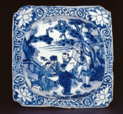 Plat carré kosometsuke bleu et blanc peint avec Shoulao et d