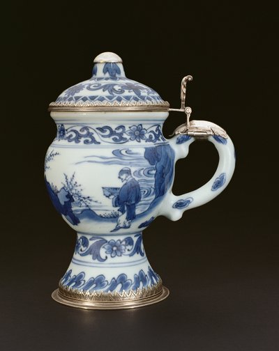 Pot à moutarde bleu et blanc avec couvercle peint avec un érudit et un assistant, Chongzheng, 1635-40 (porcelaine) - Chinese School