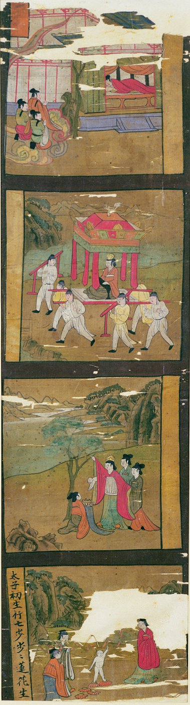 Scènes de la vie de Bouddha, Tunhuang, VIIe-VIIIe siècle (peinture sur bannière de soie) - Chinese School