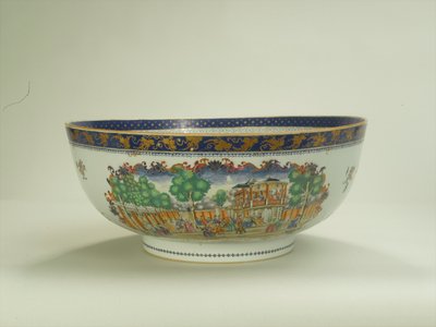 Bol à punch Famille rose avec panneau foliaire ovale représentant le Grand Walk, Vauxhall Gardens dans les années 1750, période Qianlong (1736-95) c.1790 (céramique) - Chinese School