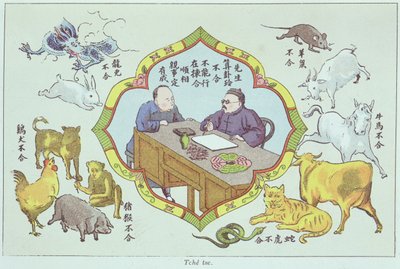 Scène de divination et signes du zodiaque chinois, reproduits dans Recherche sur les superstitions en Chine par le Père Henri Doré et publié en 1911 - Chinese School
