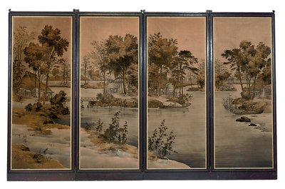 Paravent à quatre volets avec panneaux de velours, tissés avec un paysage fluvial en tons grisaille - Chinese School
