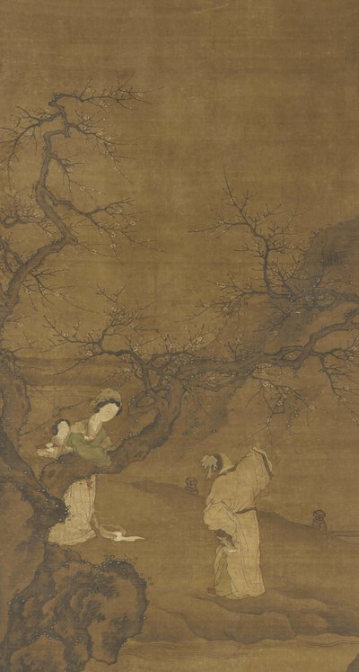 Homme et femme appréciant les fleurs de prunier, dynastie Ming ou Qing, XVe-XVIIIe siècle - Chinese School