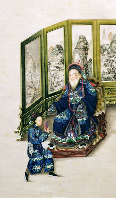 Vieil homme assis avec un serviteur lisant - Chinese School