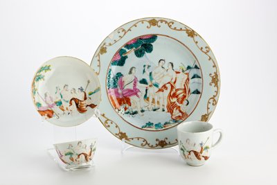 Assiette, bol à thé, tasse à café et soucoupe décorés avec des représentations du Jugement de Paris - Chinese School